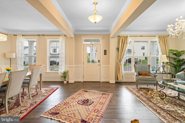 35898 Quantum Pl, Round Hill, VA 20141 - entrance foyer with a chandelier, hardwood / wood-style flooring, ornamental molding, and wainscoting