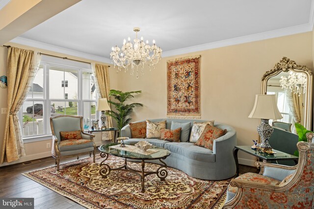 35898 Quantum Pl, Round Hill, VA 20141 - living area featuring ornamental molding, a chandelier, hardwood / wood-style floors, and baseboards