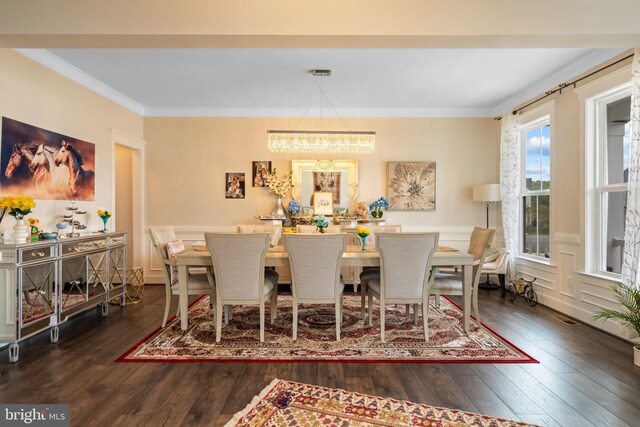 35898 Quantum Pl, Round Hill, VA 20141 - dining space featuring wood-type flooring, a chandelier, and ornamental molding