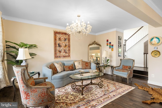 35898 Quantum Pl, Round Hill, VA 20141 - living room with ornamental molding, wood finished floors, a chandelier, stairway, and baseboards