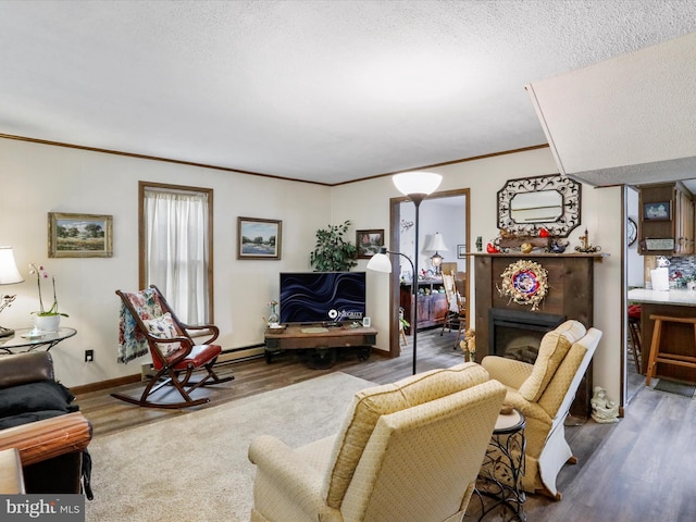 living room featuring baseboards, ornamental molding, wood finished floors, and a fireplace