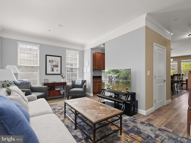 living area featuring baseboards, ornamental molding, and wood finished floors