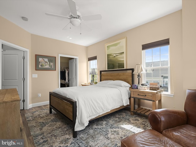 bedroom featuring baseboards, wood finished floors, a spacious closet, and multiple windows