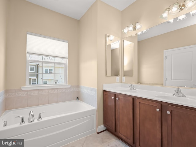 full bath with double vanity, a sink, a bath, and tile patterned floors
