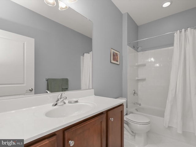 full bath featuring vanity, shower / bathtub combination with curtain, tile patterned floors, and toilet