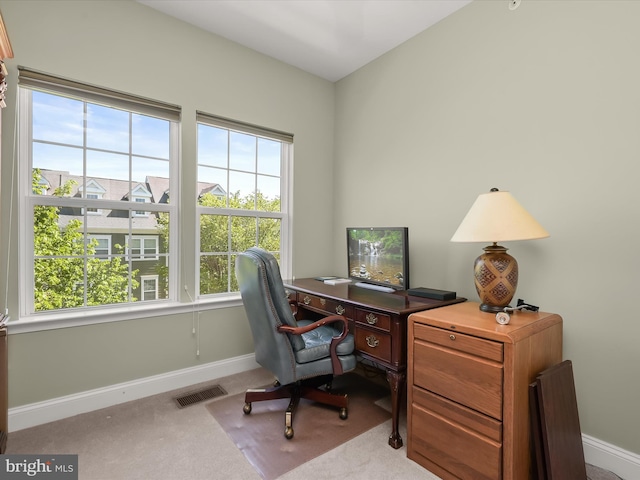 home office featuring visible vents, baseboards, and carpet floors