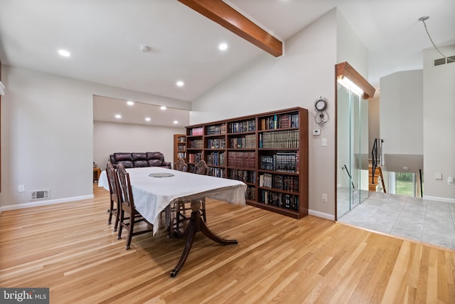 dining space featuring wood finished floors, beam ceiling, recessed lighting, high vaulted ceiling, and baseboards