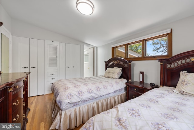bedroom featuring lofted ceiling, multiple closets, and wood finished floors