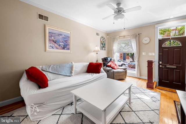 642 S Decker Ave, Baltimore, MD 21224 - living room featuring crown molding, light wood finished floors, a ceiling fan, baseboards, and visible vents