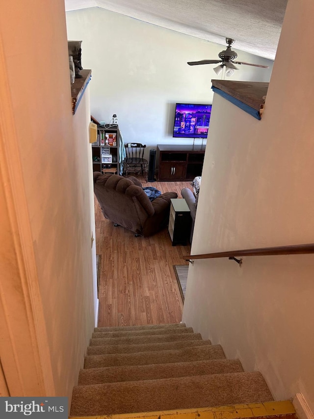 stairs featuring wood finished floors and a ceiling fan