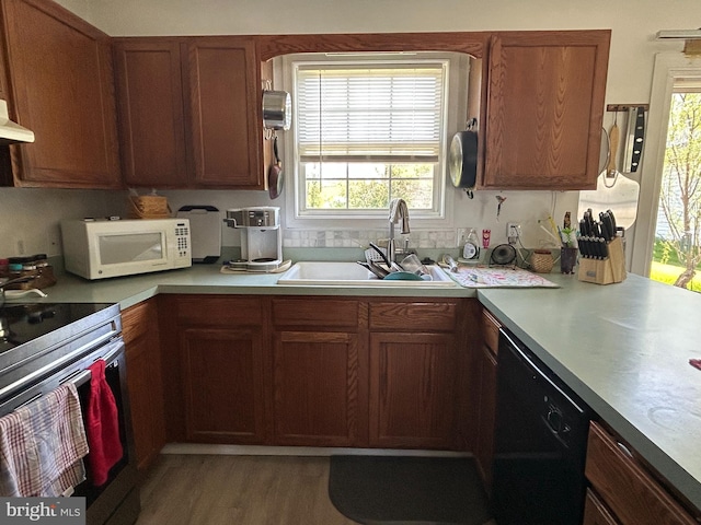kitchen featuring a sink, light wood-style floors, stainless steel range with electric cooktop, black dishwasher, and white microwave