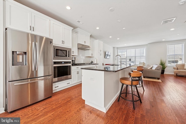 kitchen featuring wood finished floors, under cabinet range hood, appliances with stainless steel finishes, a sink, and visible vents
