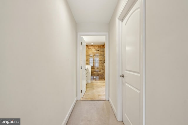 corridor with baseboards and light carpet