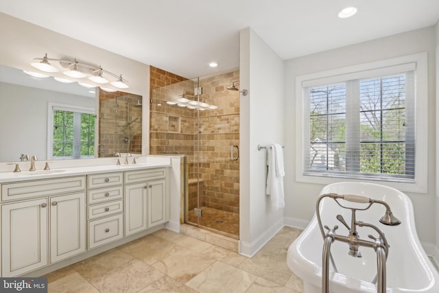 bathroom with double vanity, a shower stall, a freestanding bath, and a sink