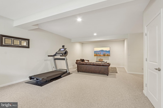 workout room with recessed lighting, carpet flooring, and baseboards