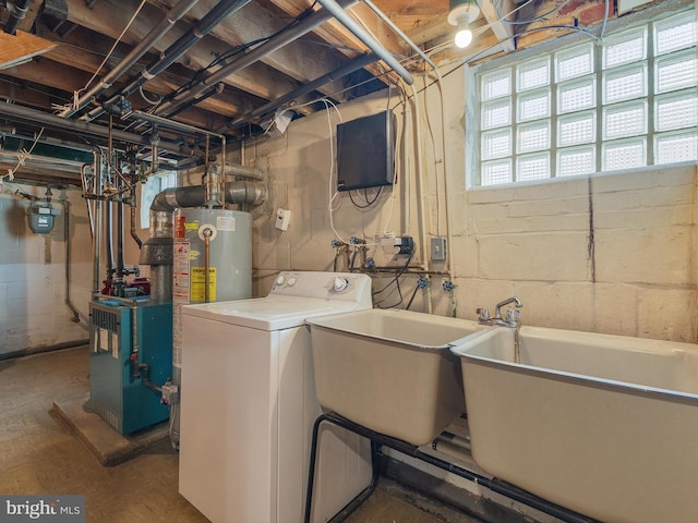 clothes washing area featuring a heating unit, a sink, water heater, washer / dryer, and laundry area