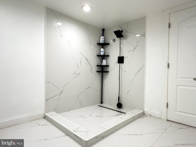 bathroom with recessed lighting, marble finish floor, and a marble finish shower