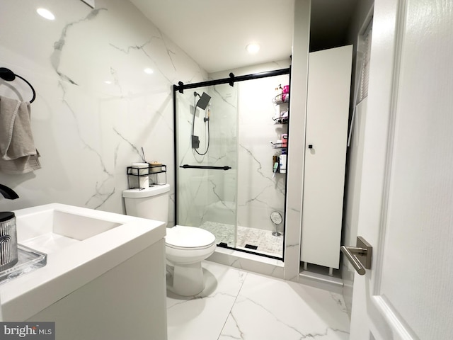 bathroom with a marble finish shower, toilet, and marble finish floor