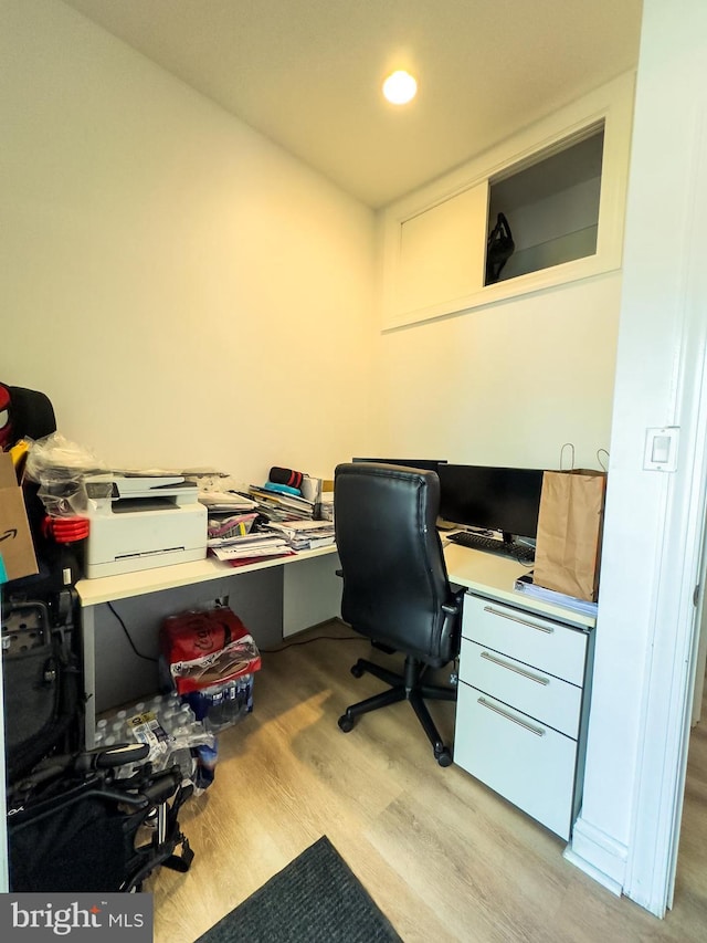 home office featuring recessed lighting and light wood finished floors