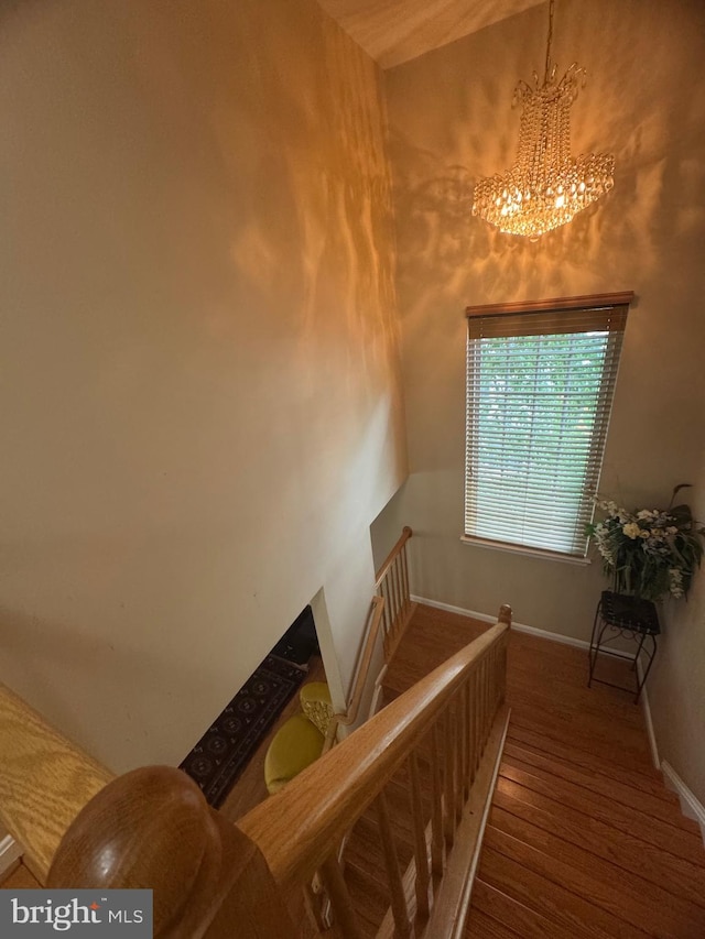 8800 Fenimore Pl, Bristow, VA 20136 - staircase with wood finished floors, a chandelier, a towering ceiling, and baseboards