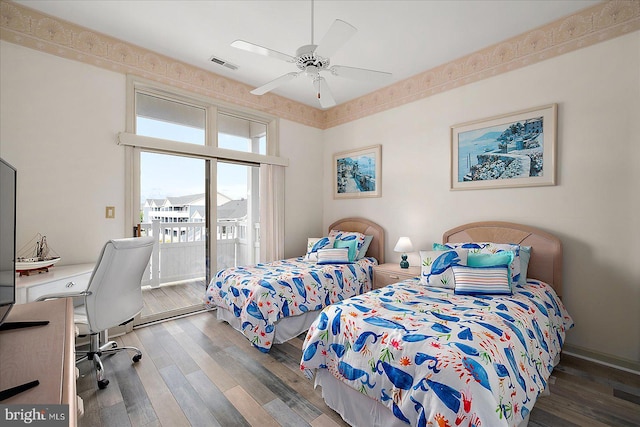 201 S Heron Dr Unit 9B, Ocean City, MD 21842 - bedroom with visible vents, a ceiling fan, wood finished floors, and access to outside