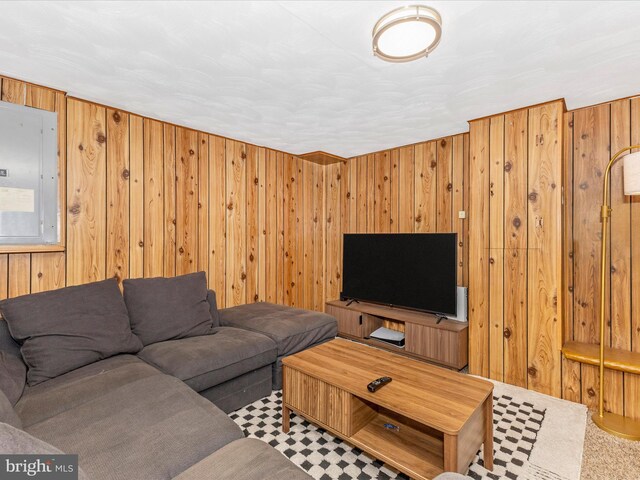 living room featuring electric panel and wooden walls