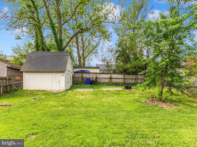 view of yard featuring a storage shed, an outbuilding, and a fenced backyard