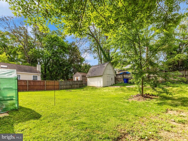 view of yard with a fenced backyard, an outdoor structure, and a shed