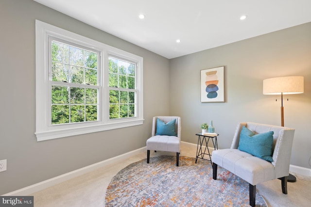 living area featuring baseboards, carpet flooring, and recessed lighting