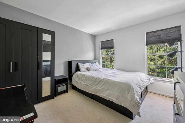 bedroom featuring light colored carpet