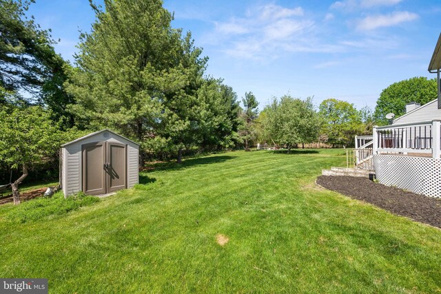 view of yard featuring a storage unit, an outdoor structure, and a deck