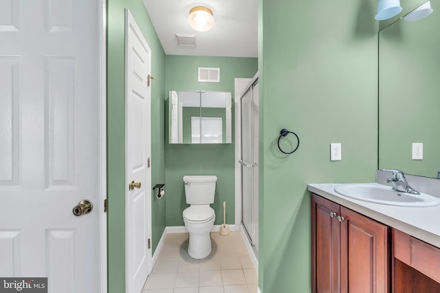 full bath featuring visible vents, tile patterned floors, toilet, and a shower stall