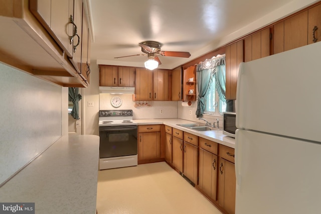 kitchen with ceiling fan, a sink, white appliances, light countertops, and under cabinet range hood