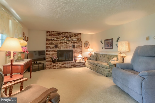 living room with carpet, a brick fireplace, and a textured ceiling