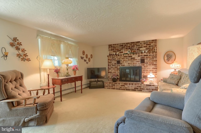carpeted living area featuring a textured ceiling and a fireplace
