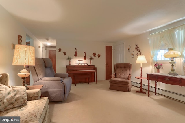 carpeted living room with a baseboard radiator