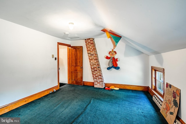 bonus room featuring carpet flooring, baseboards, a baseboard heating unit, and lofted ceiling