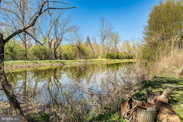 view of water feature featuring a forest view