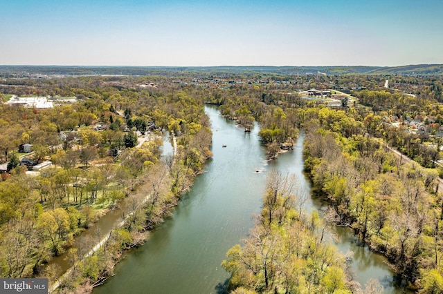 aerial view with a water view and a forest view