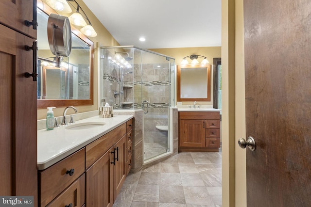 4025 Branches Ln, Doylestown, PA 18902 - bathroom with a stall shower, two vanities, and a sink