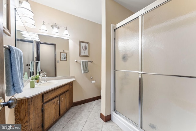4025 Branches Ln, Doylestown, PA 18902 - bathroom with a stall shower, vanity, baseboards, and tile patterned floors