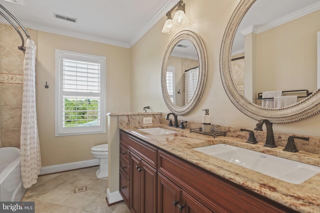 full bathroom with a sink, crown molding, and visible vents