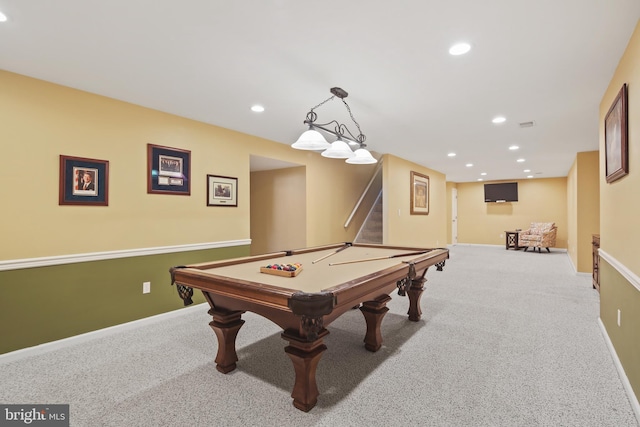 playroom with billiards, baseboards, carpet, and recessed lighting