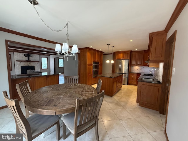 dining area featuring light tile patterned floors, ornamental molding, recessed lighting, and a notable chandelier