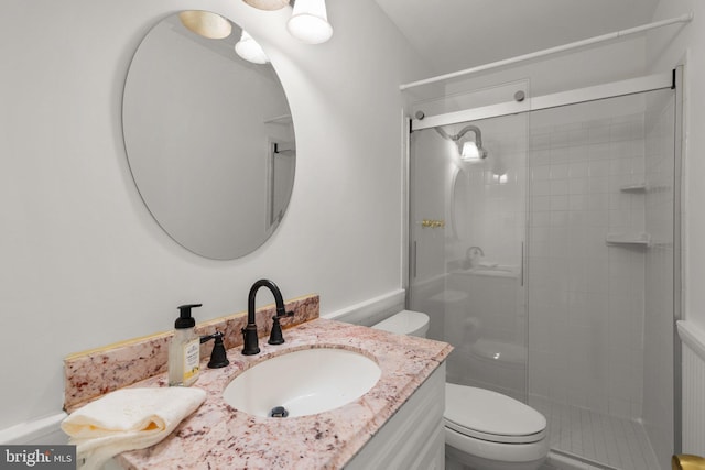 bathroom featuring toilet, a shower stall, and vanity