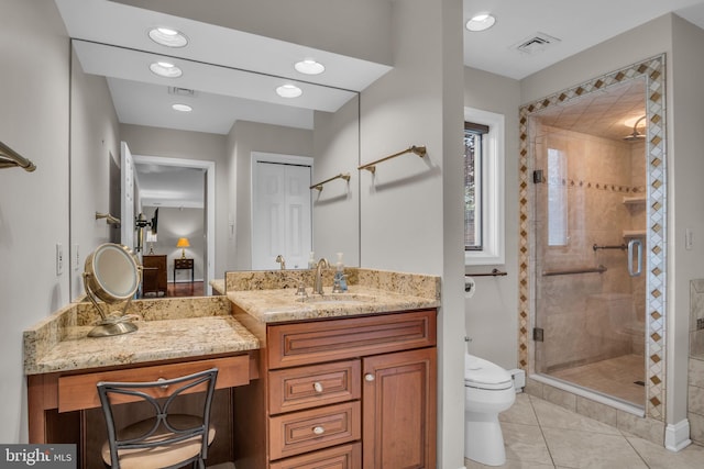 bathroom with visible vents, tile patterned flooring, vanity, toilet, and a shower stall