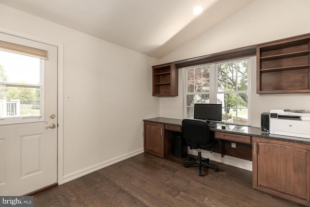 office featuring lofted ceiling, dark wood-style flooring, and baseboards