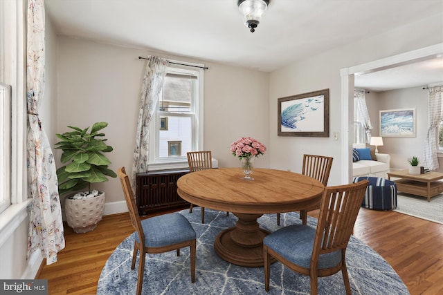 dining space featuring baseboards and wood finished floors