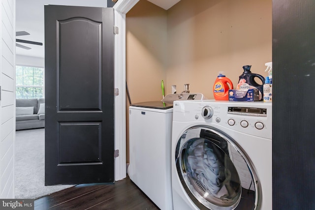laundry area featuring washer and dryer, ceiling fan, laundry area, and dark wood-type flooring