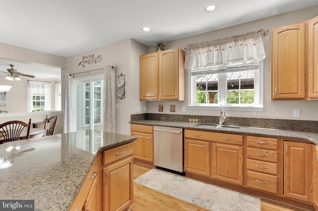 kitchen with dark stone counters, a healthy amount of sunlight, a sink, and dishwasher
